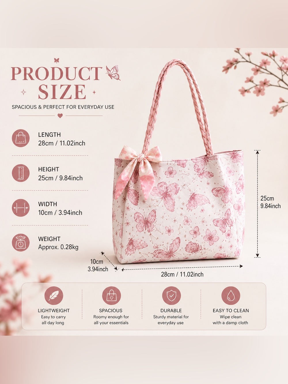 Pink Butterfly Bow Tote Bag Coquette Soft Girl Feminine Everyday Shoulder Bag - Picture 5 of 6